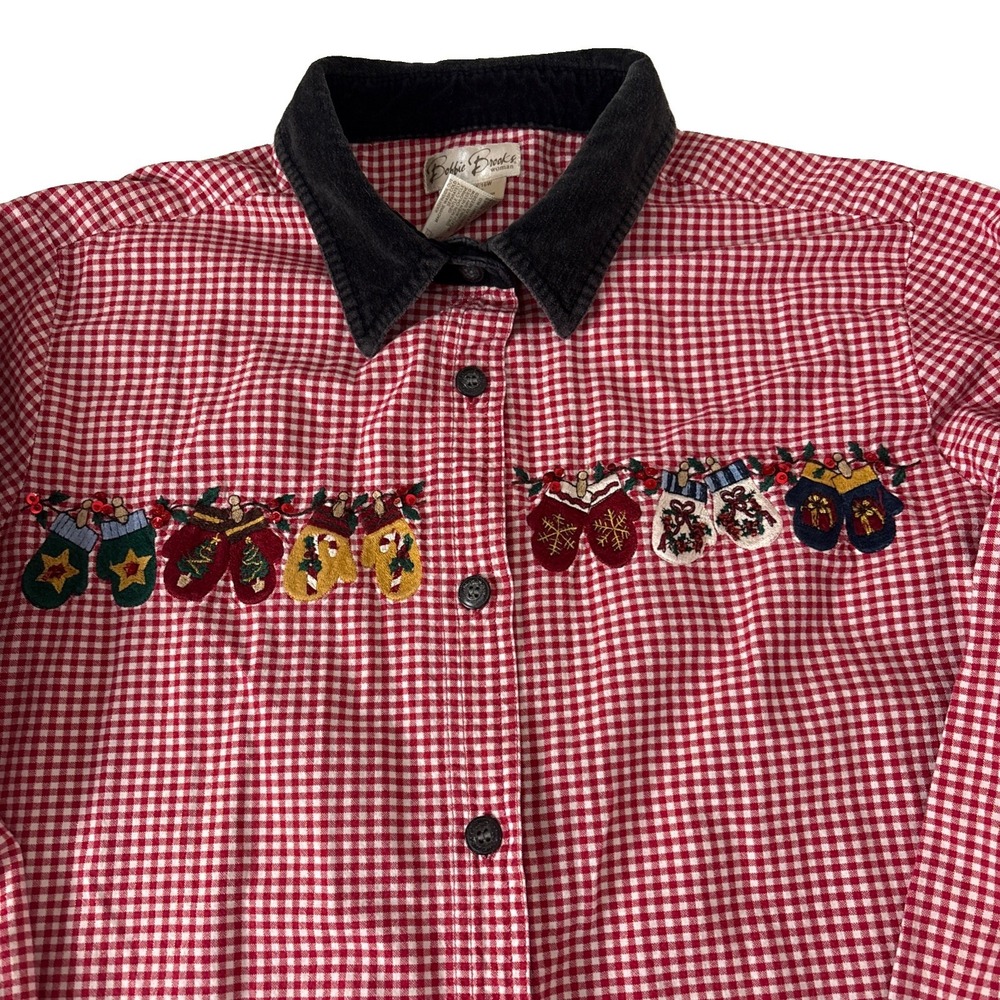 Vintage Shirt Womens 14/16 Velvet Collar Gingham Mittens Christmas Holiday